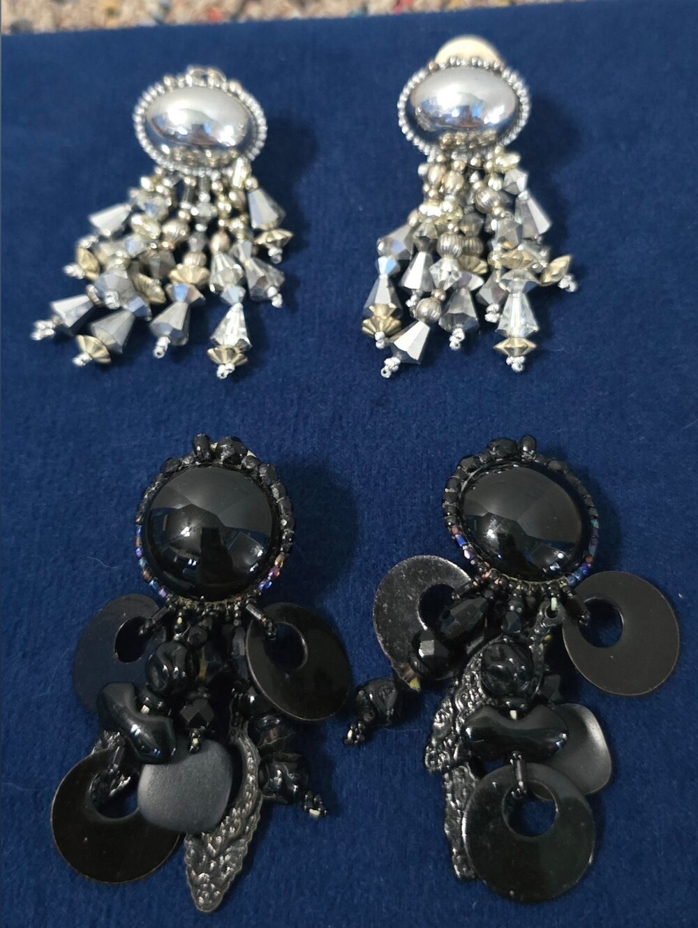 LOT of 2 Pairs Vintage Clip On Earrings Plastic Black Silver Dangling Beads